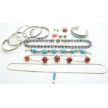 A necklace set with five agate sphere beads, silver bangles, silver ring, faux majorica pearl