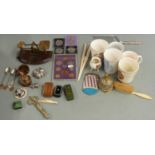 Bijouterie items including hallmarked silver, coins, baby's rattle, fob, snuff boxes, Japanese