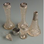 Three cut glass hallmarked silver mounted vases, height 16cm, hallmarked silver cut glass dressing