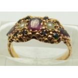 Victorian 15ct gold ring set with amethyst, pearls and tourmaline, Birmingham 1872, 2.8g, size O