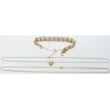 A 9ct gold gate bracelet and two 9ct gold necklaces, 10.0g