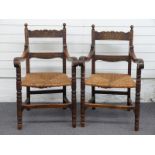 Pair of oak carver chairs with seagrass seats and carved decoration, 96cm high