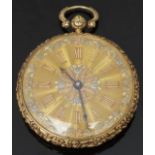 Joseph Penlington 18ct gold open faced pocket watch with blued hands, applied gold Roman numerals,