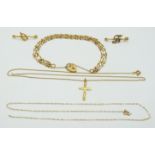 A 9ct gold gate bracelet, a 9ct gold cross, a Edwardian brooch set with seed pearls and a 9ct gold