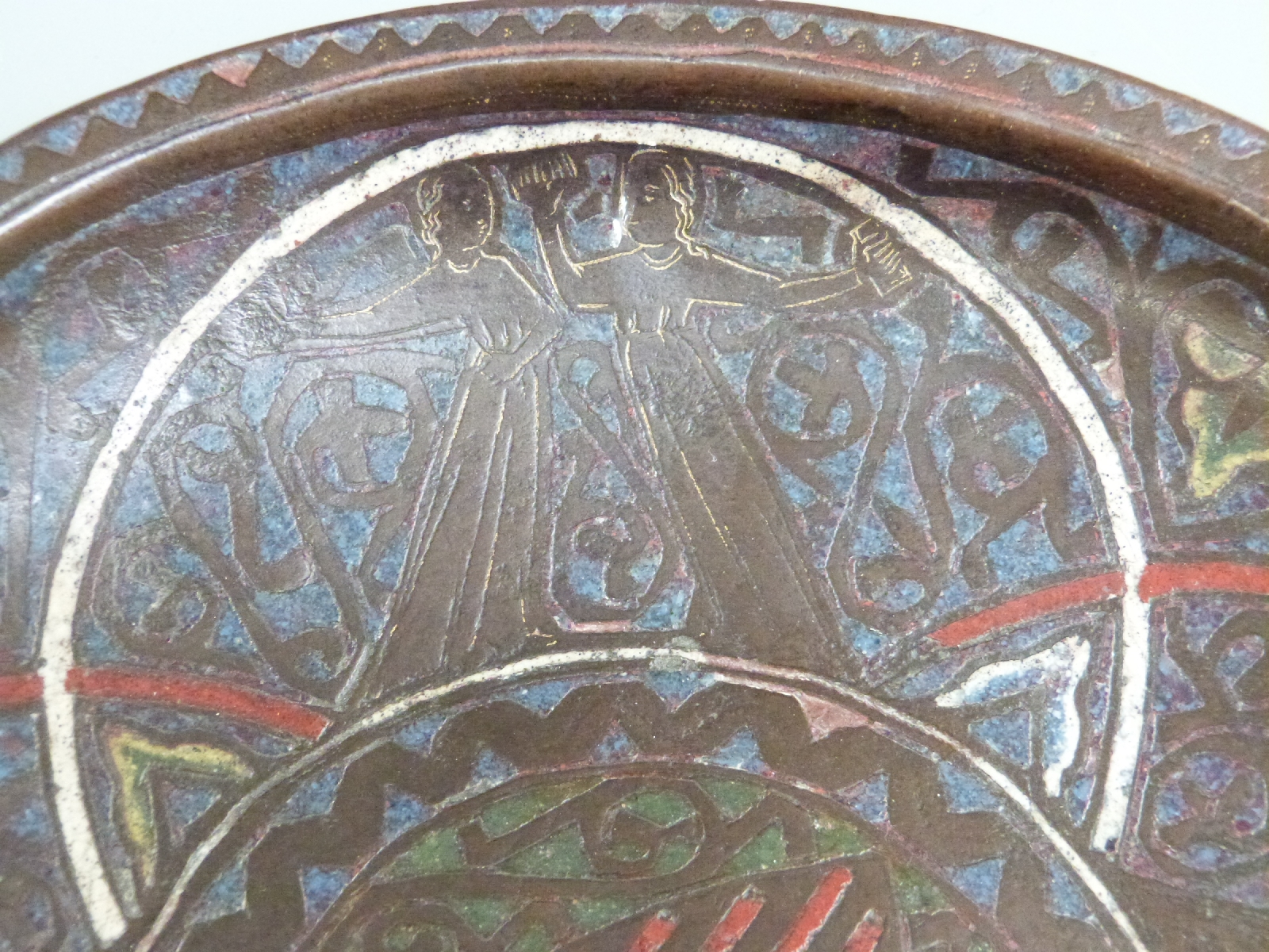 A 13thC French copper and polychrome champlevé enamel gemellion of typical shallow dished form, - Image 8 of 9