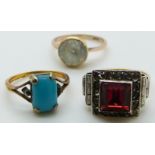 Art Deco 9ct gold and silver ring set with paste, a 9ct gold ring set with zircon and another