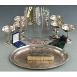 Silver plated tray, set of six goblets, silver mounted brush, costume jewellery etc