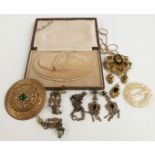 A Czech brooch, silver earrings, gilt buckle, 9ct gold necklace (4.2g) and a faux pearl necklace