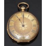 18ct gold open faced pocket watch with blued hands, black Roman numerals, engraved self-coloured