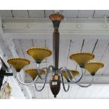 French Art Deco six-branch ceiling light together with two lamp shades