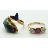 A yellow metal ring in the form of a dolphin set with enamel and a 9ct gold ring set with paste, 7.