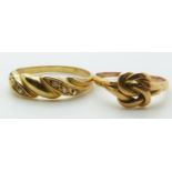 Victorian yellow metal gold knot ring (2.2g) and 14ct gold ring (2.4g)