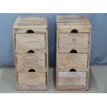 Two bedside or similar chests of three drawers made from wine cases, W37 x D52 x H78cm