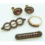 A suite of 9ct gold jewellery set with garnets, the earrings marked Czechosl