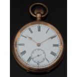 Swiss gold plated keyless winding open faced pocket watch with inset subsidiary seconds dial, gold