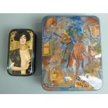 Two Russian lacquer boxes, one depicting a nude lady in the style of a Klimt portrait (approximately