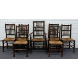 Seven 19thC rush seated dining chairs (6+1) with turned spar backs and tapering legs with pad