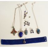 Silver jewellery including necklaces and earrings set with lapis lazuli, a silver pendant set with