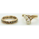 A 9ct gold ring set with pearls and a 9ct gold eternity ring set with opals, 5.2g,