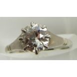A platinum ring set with an old cut diamond measuring approximately 1.1ct, 2.0g, size I/J