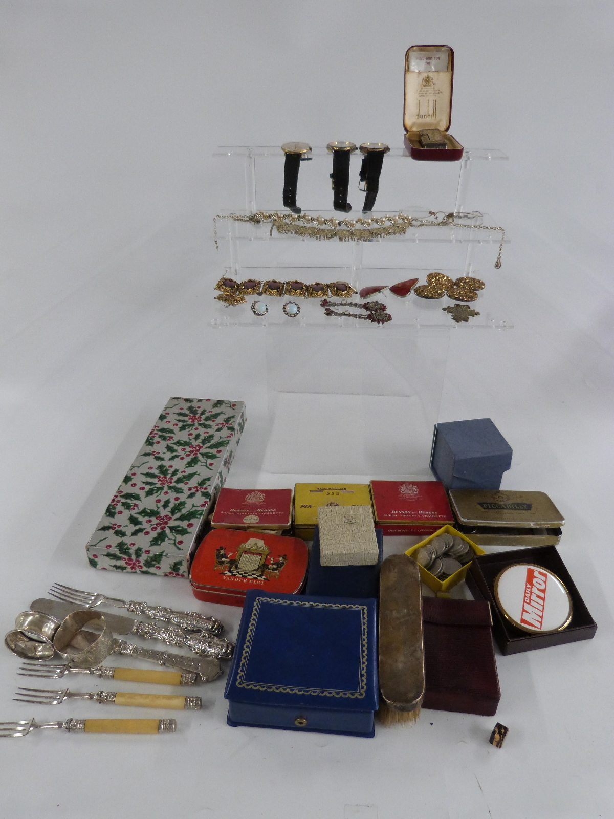 A collection of costume jewellery including watches, coins, hallmarked silver items, cased Dunhill