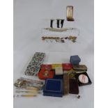 A collection of costume jewellery including watches, coins, hallmarked silver items, cased Dunhill