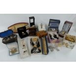 A collection of costume jewellery including rolled gold bands, watches, mauchline ware box, opera
