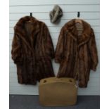 Two mink coats together with mink Jenners Edinburgh fur hat and vintage suitcase