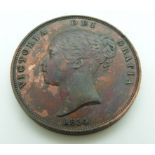 1854 Victoria young head copper penny, PT toned with some lustre, DEF close colon, EF - near unc