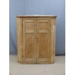 Pine hanging corner cupboard with panelled doors, H125cm