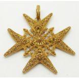 A yellow metal filigree pendant in the form of a Maltese cross, verso a small compartment, 5 x 5cm