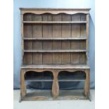 Antique pine dresser with plate rack top and shelf to base, W140 x D46 x H196cm