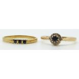 Two 9ct gold rings set with sapphires, 3g, size N