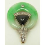 Art Deco clip set with a circle of jadeite, onyx and old cut diamonds, 3.8 x 2.7cm