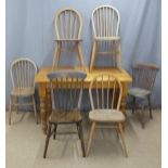 Pine kitchen or dining table, L122 x W77 x H77cm, together with four possibly Ercol hoop back chairs