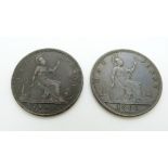 Two 1860 young head Victorian pennies, TB LCW under shield, GF-VF