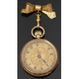 Continental 18ct gold keyless winding open faced pocket watch with blued hands, black Roman