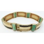 Art Deco 14ct gold bracelet set with rectangular jadeite cabochons and black enamel, 23.0g