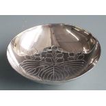 Japanese or Chinese white metal pedestal white metal dish with stylised foliate decoration and