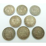 Eight various 1887 Victorian sixpences including five shield backs and three wreath, one with