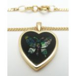 A 14ct gold heart pendant set with opal mosaic on a 9ct gold chain, 3.8g