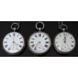 Three hallmarked silver open faced pocket watches all with subsidiary seconds dial, black Roman