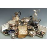Silver plated ware to include tea set, salt, pewter flask, claret jug or ewer, hallmarked silver