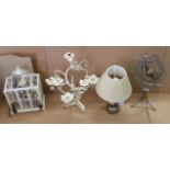 Quantity of treen items including bird cage, candle holder with hanging details, metal orrery and