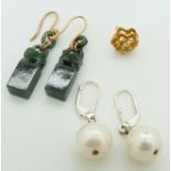 A pair of jadeite/ agate earrings, 9ct gold earrings (0.9g) and a pair of pearl earrings