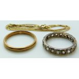 A 9ct gold chain, 9ct gold eternity ring and 9ct gold ring, 5.2g
