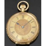 18ct gold keyless winding open faced pocket watch with blued hands, black Roman numerals, engraved