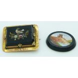 Victorian micro mosaic brooch depicting a bird and floral decoration and a micro mosaic plaque