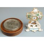 Mahogany and inlaid cased aneroid dial barometer with 17cm diameter silvered dial, together with a