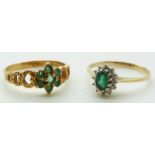 A 9ct gold ring set with an emerald and diamonds and a 9ct gold ring set with emeralds in a cluster,